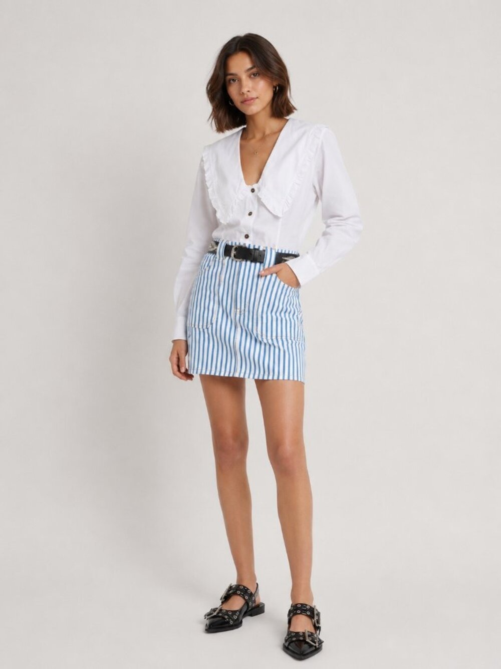 *GANNI Striped Denim Mini Skirt Blue White A-Line Size 34 NWT 0526